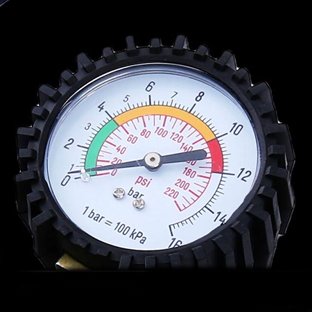 Analog tire pressure gauge with inflator detail