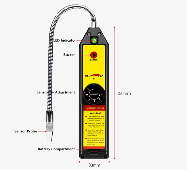 Automotive refrigerant leak detector dimension and detail