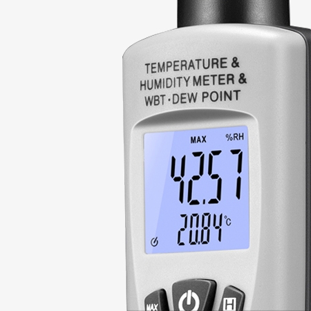 Digital dew point meter with wet bulb screen