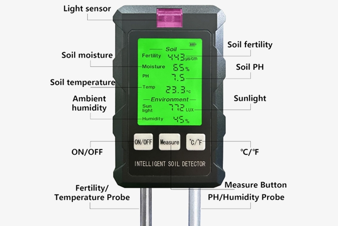 Digital handheld soil moisture meter button details