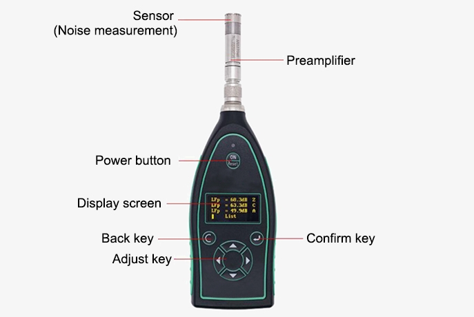 Digital handheld sound level meter noise measurement button details