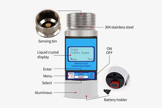 Digital portable grain moisture meter button details