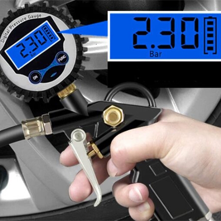 Digital tire pressure gauge with inflator detail