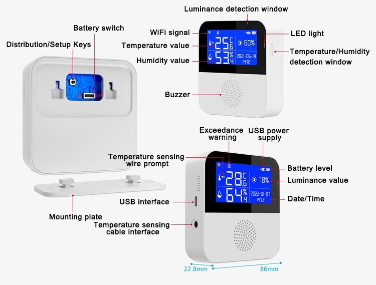 Digital wifi thermometer hygrometer dimension details