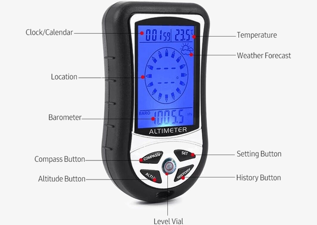 Handheld digital altimeter barometer compass button details