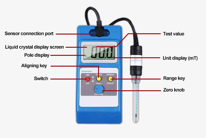 Handheld LCD electromagnetic field radiation detector button details