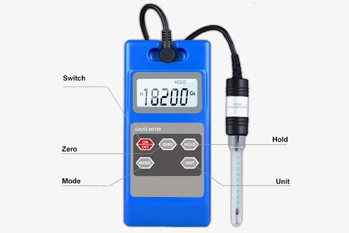 Handheld rechargeable digital magnetic field meter button details