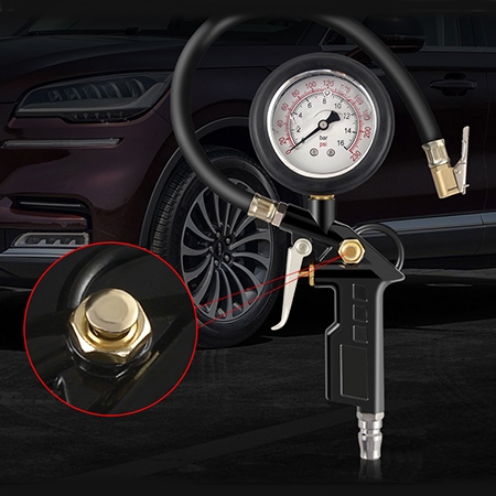 Heavy duty tire pressure gauge with inflator detail