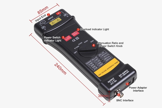 High voltage differential oscilloscope probe specifications