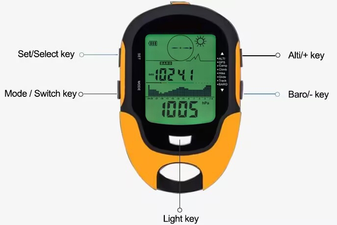 Multifunction digital altimeter barometer for outdoor button details