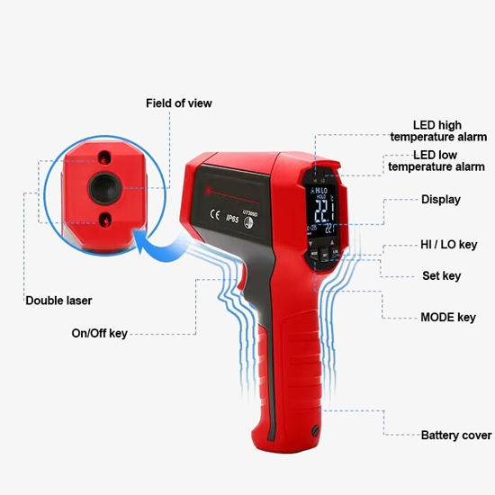 Touchless ir laser thermometer button details